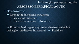Inflamação periapical aguda
ABSCESSO PERIAPICAL AGUDO
 Tratamento:
 Drenagem da coleção purulenta
• Via canal radicular
• Incisão da mucosa Negativo
 Eliminação do agente agressor –instrumentação /
irrigação / medicação intracanal  Positivos
 