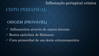 ORIGEM (PROVÁVEL)
 Inflamatória através de canais laterais
 Restos epiteliais de Malassez
 Cisto primordial de um dente extranumerário
Inflamação periapical crônica
CISTO PERIAPICAL
 