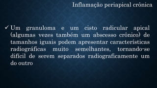  Um granuloma e um cisto radicular apical
(algumas vezes também um abscesso crônico) de
tamanhos iguais podem apresentar características
radiográficas muito semelhantes, tornando-se
difícil de serem separados radiograficamente um
do outro
Inflamação periapical crônica
 