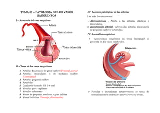 TEMA 01 – PATOLOGIA DE LOS VASOS
SANGUINEOS
I – Anatomía del vaso sanguíneo
II- Clases de los vasos sanguíneos
1. Arterias Elásticas o de gran calibre (Femoral, aorta)
2. Arterias musculares o de mediano calibre
(Coronarias)
3. Arterias pequeño calibre
4. Arteriolas
5. Capilares (tamaño GR 7-8 um)
6. Vénulas post- capilares
7. Vénulas colectoras
8. Venas de pequeño, mediano y gran calibre
9. Vasos linfáticos (Drenaje, eliminación)
III- Lesiones patológicas de las arterias
Las más frecuentes son:
1. Ateroesclerosis – Afecta a las arterias elásticas y
musculares.
2. Hipertensión arterial – Afecta a las arterias musculares
de pequeño calibre y arteriolas.
IV- Anomalías congénitas
 Aneurismas congénitos en fresa (morango) se
presenta en los vasos cerebrales.
 Fistulas o aneurismas arterovenosos se trata de
comunicaciones anormales entre arterias y venas.
 