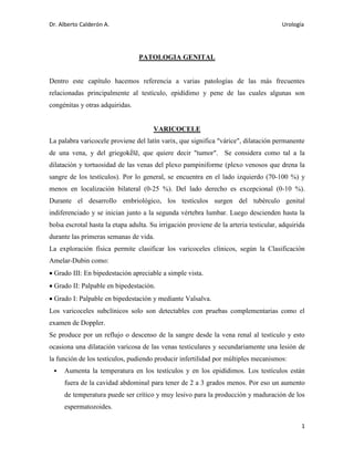 Dr. Alberto Calderón A. Urología
1
PATOLOGIA GENITAL
Dentro este capítulo hacemos referencia a varias patologías de las más frecuentes
relacionadas principalmente al testículo, epidídimo y pene de las cuales algunas son
congénitas y otras adquiridas.
VARICOCELE
La palabra varicocele proviene del latín varix, que significa "várice", dilatación permanente
de una vena, y del griegokḗlē, que quiere decir "tumor". Se considera como tal a la
dilatación y tortuosidad de las venas del plexo pampiniforme (plexo venosos que drena la
sangre de los testículos). Por lo general, se encuentra en el lado izquierdo (70-100 %) y
menos en localización bilateral (0-25 %). Del lado derecho es excepcional (0-10 %).
Durante el desarrollo embriológico, los testículos surgen del tubérculo genital
indiferenciado y se inician junto a la segunda vértebra lumbar. Luego descienden hasta la
bolsa escrotal hasta la etapa adulta. Su irrigación proviene de la arteria testicular, adquirida
durante las primeras semanas de vida.
La exploración física permite clasificar los varicoceles clínicos, según la Clasificación
Amelar-Dubin como:
 Grado III: En bipedestación apreciable a simple vista.
 Grado II: Palpable en bipedestación.
 Grado I: Palpable en bipedestación y mediante Valsalva.
Los varicoceles subclínicos solo son detectables con pruebas complementarias como el
examen de Doppler.
Se produce por un reflujo o descenso de la sangre desde la vena renal al testículo y esto
ocasiona una dilatación varicosa de las venas testiculares y secundariamente una lesión de
la función de los testículos, pudiendo producir infertilidad por múltiples mecanismos:
 Aumenta la temperatura en los testículos y en los epidídimos. Los testículos están
fuera de la cavidad abdominal para tener de 2 a 3 grados menos. Por eso un aumento
de temperatura puede ser crítico y muy lesivo para la producción y maduración de los
espermatozoides.
 