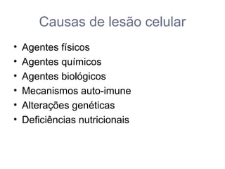 Causas de lesão celular
• Agentes físicos
• Agentes químicos
• Agentes biológicos
• Mecanismos auto-imune
• Alterações genéticas
• Deficiências nutricionais
 