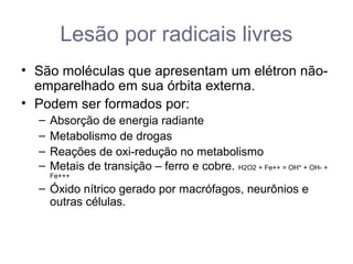 Lesão por radicais livres
• São moléculas que apresentam um elétron não-
emparelhado em sua órbita externa.
• Podem ser formados por:
– Absorção de energia radiante
– Metabolismo de drogas
– Reações de oxi-redução no metabolismo
– Metais de transição – ferro e cobre. H2O2 + Fe++ = OH* + OH- +
Fe+++
– Óxido nítrico gerado por macrófagos, neurônios e
outras células.
 