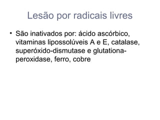Lesão por radicais livres
• São inativados por: ácido ascórbico,
vitaminas lipossolúveis A e E, catalase,
superóxido-dismutase e glutationa-
peroxidase, ferro, cobre
 