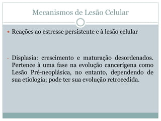 Mecanismos de Lesão Celular
 Reações ao estresse persistente e à lesão celular
- Displasia: crescimento e maturação desordenados.
Pertence à uma fase na evolução cancerígena como
Lesão Pré-neoplásica, no entanto, dependendo de
sua etiologia; pode ter sua evolução retrocedida.
 