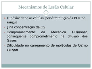 Mecanismos de Lesão Celular
 Hipóxia: dano às células por diminuição da PO2 no
sangue.
- ↓ na concentração de O2
- Comprometimento da Mecânica Pulmonar,
consequente comprometimento na difusão dos
Gases
- Dificuldade no carreamento de moléculas de O2 no
sangue
 