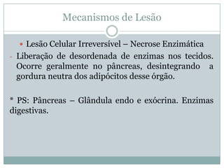 Mecanismos de Lesão
 Lesão Celular Irreversível – Necrose Enzimática
- Liberação de desordenada de enzimas nos tecidos.
Ocorre geralmente no pâncreas, desintegrando a
gordura neutra dos adipócitos desse órgão.
* PS: Pâncreas – Glândula endo e exócrina. Enzimas
digestivas.
 