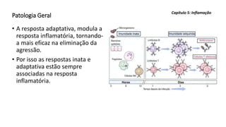 Patologia Geral
• A resposta adaptativa, modula a
resposta inflamatória, tornando-
a mais eficaz na eliminação da
agressão.
• Por isso as respostas inata e
adaptativa estão sempre
associadas na resposta
inflamatória.
Capítulo 5: Inflamação
 