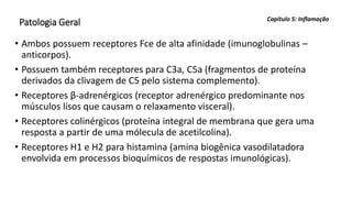 Patologia Geral
• Ambos possuem receptores Fce de alta afinidade (imunoglobulinas –
anticorpos).
• Possuem também receptores para C3a, C5a (fragmentos de proteína
derivados da clivagem de C5 pelo sistema complemento).
• Receptores β-adrenérgicos (receptor adrenérgico predominante nos
músculos lisos que causam o relaxamento visceral).
• Receptores colinérgicos (proteína integral de membrana que gera uma
resposta a partir de uma mólecula de acetilcolina).
• Receptores H1 e H2 para histamina (amina biogênica vasodilatadora
envolvida em processos bioquímicos de respostas imunológicas).
Capítulo 5: Inflamação
 