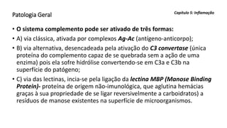 Patologia Geral
• O sistema complemento pode ser ativado de três formas:
• A) via clássica, ativada por complexos Ag-Ac (antígeno-anticorpo);
• B) via alternativa, desencadeada pela ativação do C3 convertase (única
proteína do complemento capaz de se quebrada sem a ação de uma
enzima) pois ela sofre hidrólise convertendo-se em C3a e C3b na
superfície do patógeno;
• C) via das lectinas, incia-se pela ligação da lectina MBP (Manose Binding
Protein)- proteína de origem não-imunológica, que aglutina hemácias
graças à sua propriedade de se ligar reversivelmente a carboidratos) a
resíduos de manose existentes na superfície de microorganismos.
Capítulo 5: Inflamação
 
