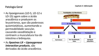Patologia Geral
• As lipoxigenases (LO-5, LO-12 e
LO-15) agem sobre o ácido
aracdônico e produzem os
leucotrienos, que são poderosos
quiomiotáticos, aumentando a
permeabilidade vascular,
causando vasodilatação e
contraem a musculatura lisa do
intestino e brônquios.
• As lipoxinas LX – Lipoxygenase
interaction products, são
derivadas do ácido aracdônico.
Capítulo 5: Inflamação
 