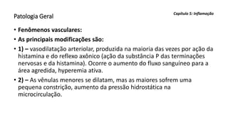 Patologia Geral
• Fenômenos vasculares:
• As principais modificações são:
• 1) – vasodilatação arteriolar, produzida na maioria das vezes por ação da
histamina e do reflexo axônico (ação da substância P das terminações
nervosas e da histamina). Ocorre o aumento do fluxo sanguíneo para a
área agredida, hyperemia ativa.
• 2) – As vênulas menores se dilatam, mas as maiores sofrem uma
pequena constrição, aumento da pressão hidrostática na
microcirculação.
Capítulo 5: Inflamação
 