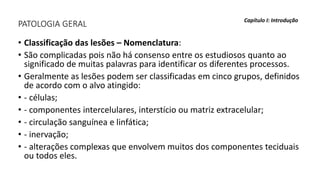PATOLOGIA GERAL
• Classificação das lesões – Nomenclatura:
• São complicadas pois não há consenso entre os estudiosos quanto ao
significado de muitas palavras para identificar os diferentes processos.
• Geralmente as lesões podem ser classificadas em cinco grupos, definidos
de acordo com o alvo atingido:
• - células;
• - componentes intercelulares, interstício ou matriz extracelular;
• - circulação sanguínea e linfática;
• - inervação;
• - alterações complexas que envolvem muitos dos componentes teciduais
ou todos eles.
Capítulo I: Introdução
 
