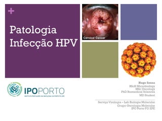 +
Patologia
Infecção HPV


                                               Hugo Sousa
                                         BScH Microbiology
                                             MSc Oncology
                                  PhD Biomedical Sciences
                                                MD Student
               _________________________________________
                 Serviço Virologia – Lab Biologia Molecular
                               Grupo Oncologia Molecular
                                          IPO Porto FG EPE
 