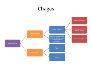 Chagas
Características
Agente etiológico:
Tripanosoma cruzi
Vector: Vinchuca
Hábitos nocturnos
Hematófago, la picadura
genera prurito
Mientras come, defeca
Ingresa el tripomastigote
circulante. Cuando infecta
la célula se hace
amastigote
Clasificación
Agudo
Crónico
 
