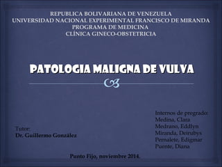 Punto Fijo, noviembre 2014.
PATOLOGIA MALIGNA DE VULVA
PATOLOGIA MALIGNA DE VULVA
REPUBLICA BOLIVARIANA DE VENEZUELA
UNIVERSIDAD NACIONAL EXPERIMENTAL FRANCISCO DE MIRANDA
PROGRAMA DE MEDICINA
CLÍNICA GINECO-OBSTETRICIA
Tutor:
Dr. Guillermo González
Internos de pregrado:
Medina, Clara
Medrano, Eddlyn
Miranda, Deirubys
Pernalete, Edigmar
Puente, Diana
 