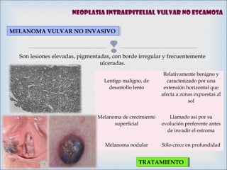 
MELANOMA VULVAR NO INVASIVOMELANOMA VULVAR NO INVASIVO
Son lesiones elevadas, pigmentadas, con borde irregular y frecuentemente
ulceradas.
Lentigo maligno, de
desarrollo lento
Relativamente benigno y
caracterizado por una
extensión horizontal que
afecta a zonas expuestas al
sol
Melanoma de crecimiento
superficial
Llamado así por su
evolución preferente antes
de invadir el estroma
Melanoma nodular Sólo crece en profundidad
TRATAMIENTOTRATAMIENTO
NEOPLASIA INTRAEPITELIAL VULVAR NO ESCAMOSA
 