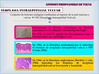 
NEOPLASIA INTRAEPITELIAL VULVAR
Conjunto de lesiones malignas confinadas al espesor de la piel mucosa y
vulvar  VIN (Neoplasia Intraepitelial Vulvar).
Lesiones preinvasoras de vulva
 