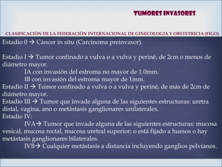 
CLASIFICACIÓN DE LA FEDERACIÓN INTERNACIONAL DE GINECOLOGIA Y OBSTETRICIA (FIGO)
Estadio 0  Cáncer in situ (Carcinoma preinvasor).
Estadio I  Tumor confinado a vulva o a vulva y periné, de 2cm o menos de
diámetro mayor.
IA con invasión del estroma no mayor de 1.0mm.
IB con invasión del estroma mayor de 1mm.
Estadio II  Tumor confinado a vulva o a vulva y periné, de más de 2cm de
diámetro mayor.
Estadio III  Tumor que invade alguna de las siguientes estructuras: uretra
distal, vagina, ano o metástasis ganglionares unilaterales.
Estadio IV:
IVA Tumor que invade alguna de las siguientes estructuras: mucosa
vesical, mucosa rectal, mucosa uretral superior; o está fijado a huesos o hay
metástasis ganglionares bilaterales.
IVB Cualquier metástasis a distancia incluyendo ganglios pelvianos.
Tumores invasores
 