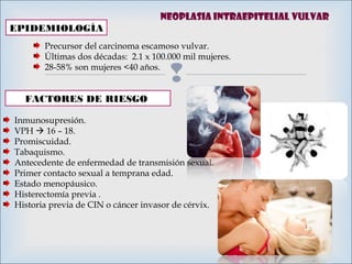 
EPIDEMIOLOGÍA
Precursor del carcinoma escamoso vulvar.
Últimas dos décadas: 2.1 x 100.000 mil mujeres.
28-58% son mujeres <40 años.
FACTORES DE RIESGO
Inmunosupresión.
VPH  16 – 18.
Promiscuidad.
Tabaquismo.
Antecedente de enfermedad de transmisión sexual.
Primer contacto sexual a temprana edad.
Estado menopáusico.
Histerectomía previa .
Historia previa de CIN o cáncer invasor de cérvix.
Neoplasia intraepitelial vulvar
 