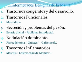 PATOLOGIA MAMARIA BENIGNAUna de cada dos mujeres consultan.Una de cada cuatro mujeres biopsia.Una de cada ocho mujeres puede desarrollar Cáncer.