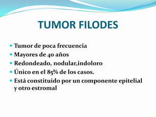 MASAS SOLIDASADENOMAS DEL PEZON:Aparece entre los 40-50 años Agrandamiento unilateral de la base del pezónTermina con hemorragias y sobreinfección añadidas. El pezón aparece engrosado y retraído
