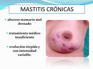 INFLAMACIONES MAMARIAS1 mes de la lactancia. abrasiones del pezón, obstrucción conductos galactóforos y éstasis de leche. Los síntomas clínicos son; dolor, hipersensibilidad,  induración y fiebre.  S. aureus, Staphylococcus epidermidis, Streptococcus. 