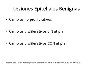 Lesiones Epiteliales Benignas
• Cambios no proliferativos
• Cambios proliferativos SIN atipia
• Cambios proliferativos CON atipia
Robbins and Cotran Pathologic Basis of Disease. Kumar, V. 8th Edition. 2010 Pp 1065-1092
 