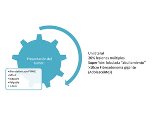 Presentación del
tumor:
• Bien delimitado FIRME
• Móvil
• Indoloro
• Palpable
• 1-5cm
Unilateral
20% lesiones múltiples
Superficie: lobulada “abultamiento”
>10cm Fibroadenoma gigante
(Adolescentes)
 