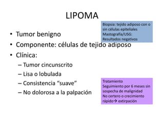 LIPOMA
• Tumor benigno
• Componente: células de tejido adiposo
• Clínica:
– Tumor cincunscrito
– Lisa o lobulada
– Consistencia “suave”
– No dolorosa a la palpación
Biopsia: tejido adiposo con o
sin células epiteliales
Mastografía/USG:
Resultados negativos
Tratamiento
Seguimiento por 6 meses sin
sospecha de malignidad
No certero o crecimiento
rápido extirpación
 