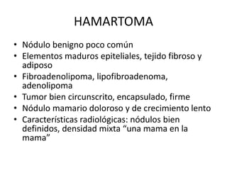 HAMARTOMA
• Nódulo benigno poco común
• Elementos maduros epiteliales, tejido fibroso y
adiposo
• Fibroadenolipoma, lipofibroadenoma,
adenolipoma
• Tumor bien circunscrito, encapsulado, firme
• Nódulo mamario doloroso y de crecimiento lento
• Características radiológicas: nódulos bien
definidos, densidad mixta “una mama en la
mama”
 