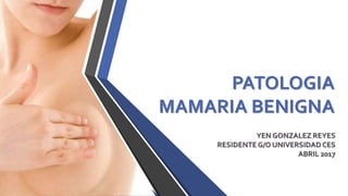 PATOLOGIA
MAMARIA BENIGNA
YEN GONZALEZ REYES
RESIDENTE G/O UNIVERSIDAD CES
ABRIL 2017
 