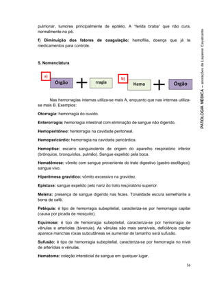 56
pulmonar, tumores principalmente de epitélio. A “ferida braba” que não cura,
normalmente no pé.
f) Diminuição dos fatores de coagulação: hemofilia, doença que já te
medicamentos para controle.
5. Nomenclatura
Nas hemorragias internas utiliza-se mais A, enquanto que nas internas utiliza-
se mais B. Exemplos:
Otorragia: hemorragia do ouvido.
Enterorragia: hemorragia intestinal com eliminação de sangue não digerido.
Hemoperitôneo: hemorragia na cavidade peritoneal.
Hemopericárdio: hemorragia na cavidade pericárdica.
Hemoptise: escarro sanguinolento de origem do aparelho respiratório inferior
(brônquios, bronquíolos, pulmão). Sangue expelido pela boca.
Hematêmese: vômito com sangue proveniente do trato digestivo (gastro esofágico),
sangue vivo.
Hiperêmese gravídico: vômito excessivo na gravidez.
Epistaxe: sangue expelido pelo nariz do trato respiratório superior.
Melena: presença de sangue digerido nas fezes. Tonalidade escura semelhante a
borra de café.
Petéquia: é tipo de hemorragia subepitelial, caracteriza-se por hemorragia capilar
(causa por picada de mosquito).
Equimose: é tipo de hemorragia subepitelial, caracteriza-se por hemorragia de
vênulas e arteríolas (bivenula). As vênulas são mais sensíveis, deficiência capilar
aparece manchas roxas subcutâneas se aumentar de tamanho será sufusão.
Sufusão: é tipo de hemorragia subepitelial, caracteriza-se por hemorragia no nível
de arteríolas e vênulas.
Hematoma: coleção intersticial de sangue em qualquer lugar.
 