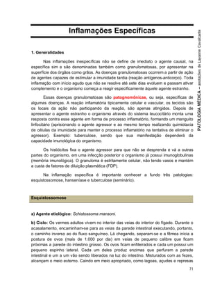 71
Inflamações Específicas
1. Generalidades
Nas inflamações inespecíficas não se define de imediato o agente causal, na
específica sim e são denominadas também como granulomatosas, por apresentar na
superfície dos órgãos como grãos. As doenças granulomatosas ocorrem a partir de ação
de agentes capazes de estimular a imunidade tardia (reação antígenos-anticorpo). Toda
inflamação com início agudo que não se resolve até sete dias evoluem e passam ativar
complemento e o organismo começa a reagir especificamente àquele agente estranho.
Essas doenças granulomatosas são patognomônicas, ou seja, específicas de
algumas doenças. A reação inflamatória tipicamente celular e vascular, os tecidos são
os locais da ação não participando da reação, são apenas atingidos. Depois de
apresentar o agente estranho o organismo através do sistema leucocitário monta uma
resposta contra esse agente em forma de processo inflamatório, formando um manguito
linfocitário (aprisionando o agente agressor e ao mesmo tempo realizando quimiotaxia
de células da imunidade para manter o processo inflamatório na tentativa de eliminar o
agressor). Exemplo: tuberculose, sendo que sua manifestação dependerá da
capacidade imunológica do organismo.
Os histiócitos fixa o agente agressor para que não se desprenda e vá a outras
partes do organismo, em uma infecção posterior o organismo já possui imunoglobulinas
(memória imunológica). O granuloma é estritamente celular, não tendo vasos e mantém
a custa de fatores de diluição plasmática (FDP).
Na inflamação específica é importante conhecer a fundo três patologias:
esquistossomose, hanseníase e tuberculose (seminário).
Esquistossomose
a) Agente etiológico: Schistossoma mansoni.
b) Ciclo: Os vermes adultos vivem no interior das veias do interior do fígado. Durante o
acasalamento, encaminham-se para as veias da parede intestinal executando, portanto,
o caminho inverso ao do fluxo sanguíneo. Lá chegando, separam-se e a fêmea inicia a
postura de ovos (mais de 1.000 por dia) em veias de pequeno calibre que ficam
próximas a parede do intestino grosso. Os ovos ficam enfileirados e cada um possui um
pequeno espinho lateral. Cada um deles produz enzimas que perfuram a parede
intestinal e um a um vão sendo liberados na luz do intestino. Misturados com as fezes,
alcançam o meio externo. Caindo em meio apropriado, como lagoas, açudes e represas
 