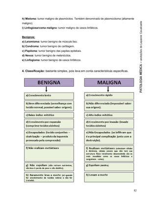 82
h) Mieloma: tumor maligno de plasmócitos. Também denominado de plasmocitoma (altamente
maligno).
i) Linfogiosarcoma maligno: tumor maligno de vasos linfáticos.
Benignos:
a) Leiomioma: tumor benigno de músculo liso.
b) Condroma: tumor benigno de cartilagem.
c) Papiloma: tumor benigno das papilas epiteliais.
d) Nevus: tumor benigno de melanócitos.
e) Linfogioma: tumor benigno de vasos linfáticos.
4. Classificação: bastante simples, pois leva em conta características especificas.
 