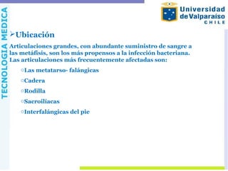 Ubicación
Articulaciones grandes, con abundante suministro de sangre a
las metáfisis, son los más propensos a la infección bacteriana.
Las articulaciones más frecuentemente afectadas son:
oLas metatarso- falángicas
oCadera
oRodilla
oSacroilíacas
oInterfalángicas del pie
 