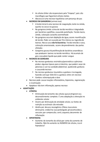 As células Gitter são responsáveis pela “limpeza”, pois são
macrófagos que fagocitamcélulas mortas
 Abscesso é uma necrose liquefativa com presença de pus
 NECROSE EM GANGRENA (animal vivo)
 A lesão inicial é uma necrose de coagulação, tanto na úmida,
quanto na seca e na gasosa
 Na gangrena úmida a área do tecido necrótico é degradada
por bactérias saprófitas, causando putrefação. Tecido macio,
úmido, coloração castanho avermelhado
 Na gangrena seca tem depleção de água, ocorre mumificação
de tecido. Pode ser causado por frio intenso ou ingestão de
toxinas. Nesse caso não há bactérias. Tecido retraído e seco,
coloração amarronzada, ocorre desprendimento das partes
afetadas
 Gangrena gasosa há proliferação de bactérias anaeróbicas
que produzem toxinas no tecido necrótico. Há acumulo de
gás e exsudato líquido que pode conter sangue
 NECROSE DE GORDURA
 Na necrose gordurosa enzimática/pancreática o pâncreas
produz algumas lipases para o intestino, que podem vazar do
pâncreas e cair na cavidade abdominal, quebrando gorduras
e causando necrose
 Na necrose gordurosa traumática a gordura é esmagada,
fazendo com que falte O2 e a gordura entre em necrose
 Gordura esbranquiçada e dura
 Necrose pode causar reações inflamatórias, hiperemia, regeneração
e cicatrização
 Apoptose não tem inflamação, apenas necrose
 ADAPTAÇÃO
 ATROFIA
 Diminuição do tamanho das células que já atingiram seu
desenvolvimento completo. É uma adaptação a alteração no
ambiente celular
 Ocorre por diminuição de atividade celular, ou fontes de
nutrição ou estímulo são retirados
 Atrofia por desuso; neurogênica (fibras musculares
diminuem); endócrina (uso prolongado glicocorticoides);
vascular; por compressão; senil; caquexia; decorrente de
inflamação
 HIPERTROFIA
 Aumento do tamanho da célula por conta do aumento de
trabalho. Não há aumento no NÚMERO de células, isso é
hiperplasia¹
 