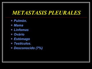 METASTASIS PLEURALES Pulmón. Mama Linfomas Ovário Estómago Testículos. Desconocido (7%) 