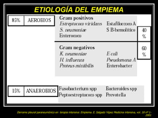ETIOLOGÍA DEL EMPIEMA Derrame pleural paraneumónico en   terapia intensiva:  E mpiema . E . Salgado  Y épez   Medicina intensiva, vol. 18 nº 1 - 2001 