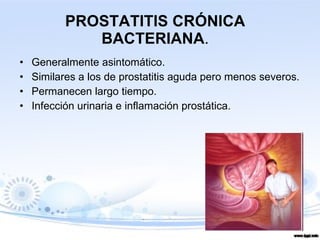 PROSTATITIS CRÓNICA BACTERIANA . Generalmente asintomático. Similares a los de prostatitis aguda pero menos severos. Permanecen largo tiempo. Infección urinaria e inflamación prostática. 