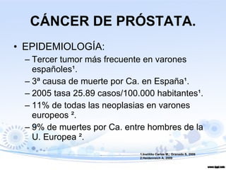 CÁNCER DE PRÓSTATA. EPIDEMIOLOGÍA: Tercer tumor más frecuente en varones españoles ¹ . 3ª causa de muerte por Ca. en España ¹ . 2005 tasa 25.89 casos/100.000 habitantes ¹ . 11% de todas las neoplasias en varones europeos  ² . 9% de muertes por Ca. entre hombres de la U. Europea  ² .   1.Institito Carlos III,; Granado S, 2006 2.Heidenreich A, 2009 
