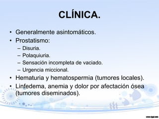 CLÍNICA. Generalmente asintomáticos. Prostatismo: Disuria. Polaquiuria. Sensación incompleta de vaciado. Urgencia miccional. Hematuria y hematospermia (tumores locales). Linfedema, anemia y dolor por afectación ósea (tumores diseminados). 