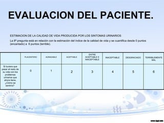 EVALUACION DEL PACIENTE. ESTIMACION DE LA CALIDAD DE VIDA PRODUCIDA POR LOS SINTOMAS URINARIOS La 8ª pregunta está en relación con la estimación del índice de la calidad de vida y se cuantifica desde 0 puntos (encantado) a  6 puntos (terrible). PLACENTERO AGRADABLE ACEPTABLE ENTRE ACEPTABLE E INACEPTABLE INACEPTABLE  DESGRACIADO TERRIBLEMENTE MAL Si tuviera que pasar el resto de su vida con los problemas urinarios que ahora tiene, ¿Cómo se sentiría?  0 1 2 3 4 5 6 