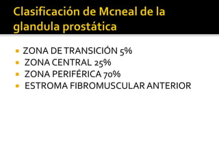  ZONA DETRANSICIÓN 5%
 ZONA CENTRAL 25%
 ZONA PERIFÉRICA 70%
 ESTROMA FIBROMUSCULAR ANTERIOR
 