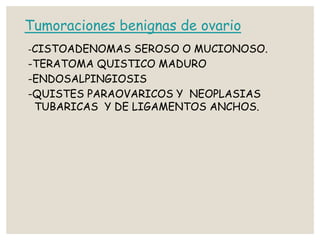 Tumoraciones benignas de ovario
-CISTOADENOMAS SEROSO O MUCIONOSO.
-TERATOMA QUISTICO MADURO
-ENDOSALPINGIOSIS
-QUISTES PARAOVARICOS Y NEOPLASIAS
TUBARICAS Y DE LIGAMENTOS ANCHOS.
 