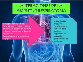ALTERACIONES DE LA
AMPLITUD RESPIRATORIA
a) Respiración superficial:
Caracterizada por diminución de la
amplitud, se observa en procesos
dolorosos que alteran la dinámica
respiratoria.
Generalmente se acompaña de
taquipnea
b) Respiración
profunda:
Caracterizada por
aumento de la
amplitud
respiratoria. Se
acompaña
generalmente de
bradipnea.
 