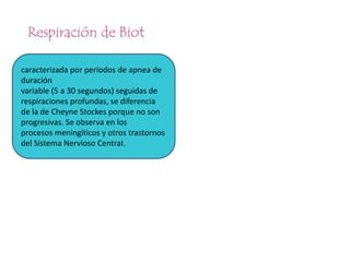 caracterizada por períodos de apnea de
duración
variable (5 a 30 segundos) seguidas de
respiraciones profundas, se diferencia
de la de Cheyne Stockes porque no son
progresivas. Se observa en los
procesos meningíticos y otros trastornos
del Sistema Nervioso CentraI.
 