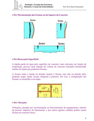 Patologia e Terapia das Estruturas
Sintomas e Causas das Enfermidades Prof. Élvio Mosci Piancastelli
6
• Por Movimentação das Formas ou do Suporte do Concreto
• Por Dessecação Superficial
A rápida perda de água pela superfície do concreto, mais relevante em função da
evaporação, provoca uma redução de volume do concreto (retração) introduzindo
tensões de tração que produzem fissuras.
A fissura anula a tração na direção normal à fissura, mas não na direção dela,
podendo surgir, ainda, fissura ortogonal à primeira. Por isso, a configuração das
fissuras se assemelha a um mapa.
• Por Vibrações
Vibrações causadas por movimentação ou funcionamento de equipamentos, trânsito
de pessoal, impactos de ferramentas, e por outros agentes, também podem causar
fissuras no concreto fresco.
 