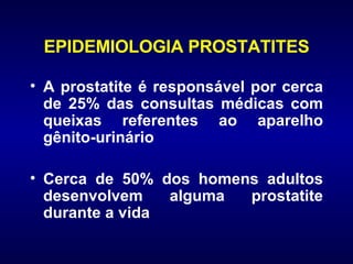EPIDEMIOLOGIA PROSTATITES A prostatite é responsável por cerca de 25% das consultas médicas com queixas referentes ao aparelho gênito-urinário Cerca de 50% dos homens adultos desenvolvem alguma prostatite durante a vida 
