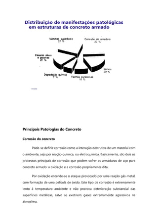 Principais Patologias do Concreto
Corrosão do concreto
Pode-se definir corrosão como a interação destrutiva de um material com
o ambiente, seja por reação química, ou eletroquímica. Basicamente, são dois os
processos principais de corrosão que podem sofrer as armaduras de aço para
concreto armado: a oxidação e a corrosão propriamente dita.
Por oxidação entende-se o ataque provocado por uma reação gás-metal,
com formação de uma película de óxido. Este tipo de corrosão é extremamente
lento à temperatura ambiente e não provoca deterioração substancial das
superfícies metálicas, salvo se existirem gases extremamente agressivos na
atmosfera.
 
